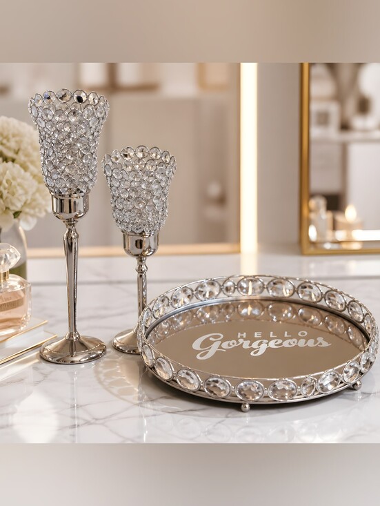 Other - Silver Crystal Accent Sconces And Tray. Tray w/ Hello Gorgeous/ 3 Pcs